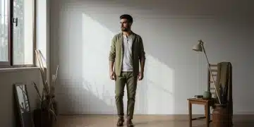 Hombre español vistiendo moda sostenible elegante en un estudio moderno y luminoso, mostrando materiales ecológicos.