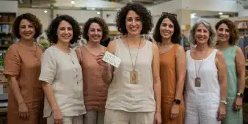 Mujeres españolas vistiendo moda sostenible con tejidos naturales, sonriendo.