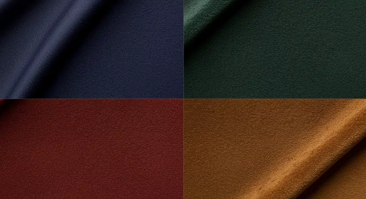 Muestras de tejidos en los cuatro colores de moda para el primer trimestre de 2026 en España, con texturas variadas.