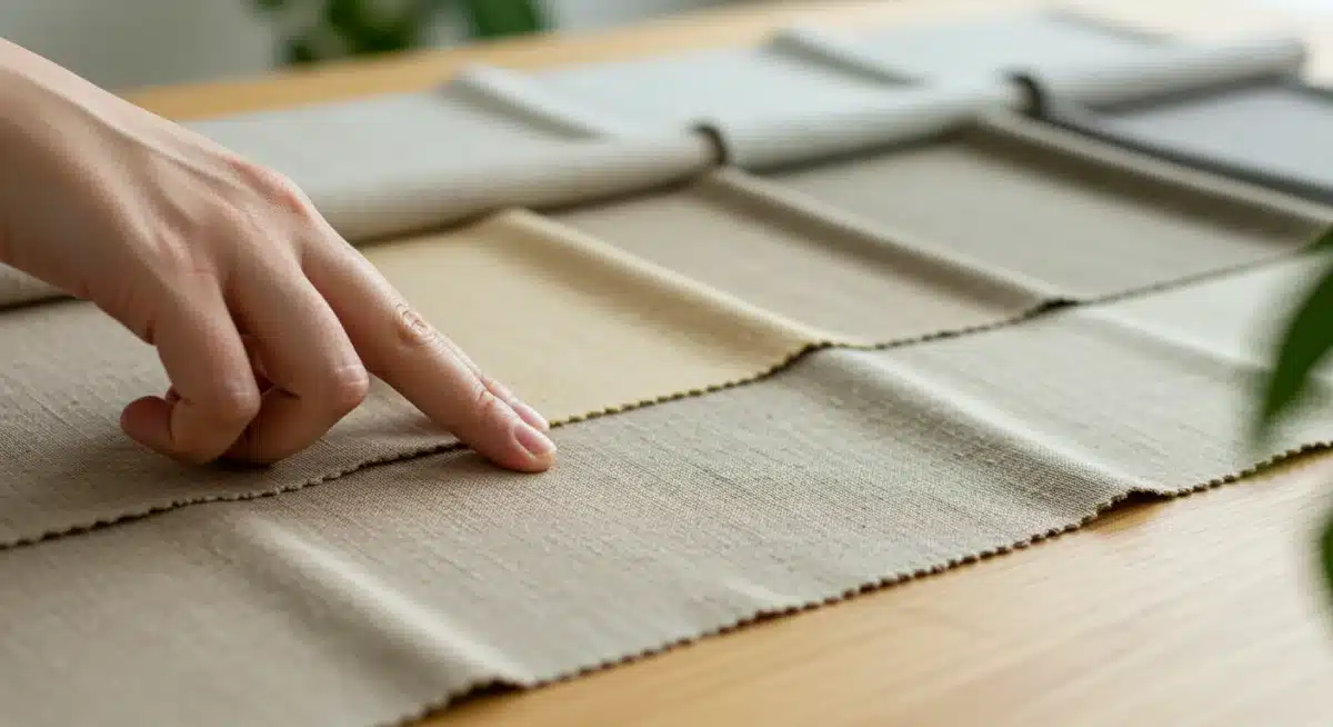 Muestras de tejidos naturales como algodón orgánico, lino y seda.