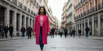 Mujer elegante con atuendo de moda en un vibrante color de tendencia en España, primer trimestre de 2026.