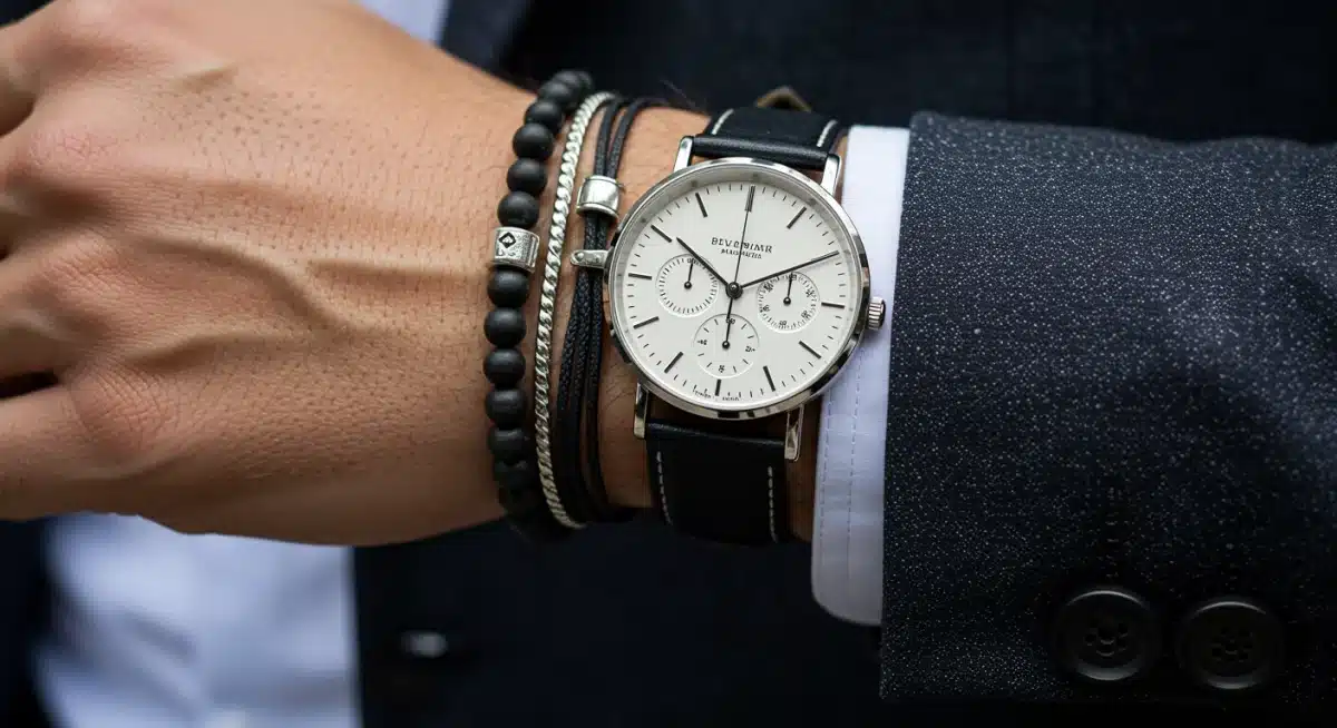 Detalle de muñeca masculina con reloj minimalista y pulseras elegantes