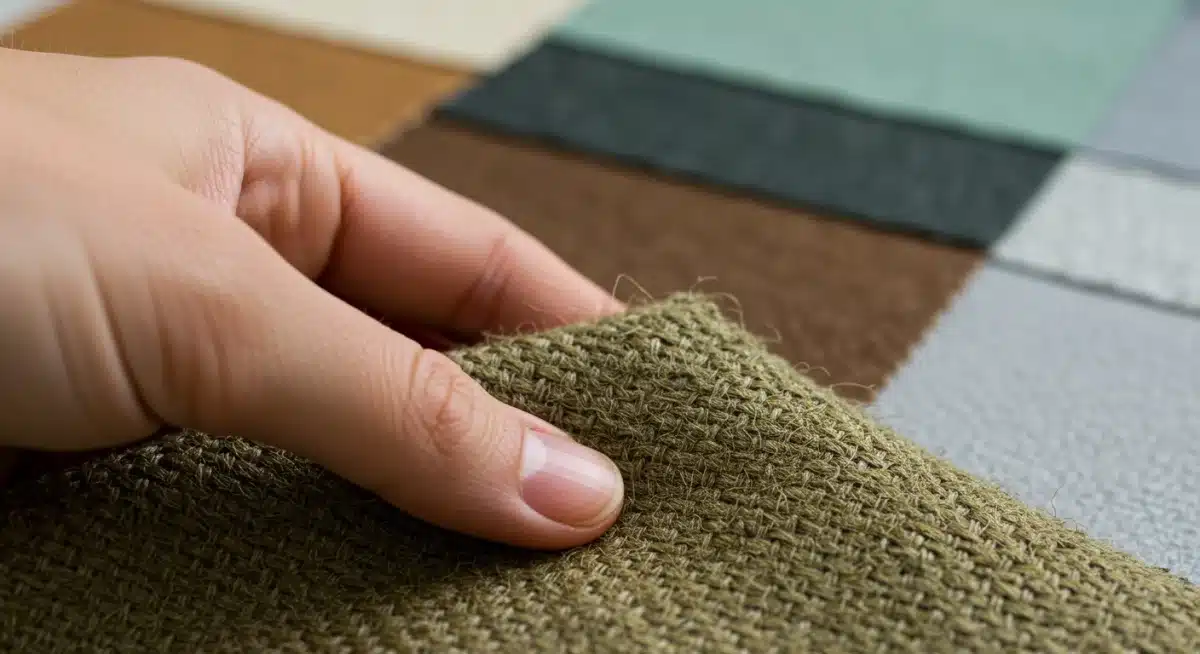 Detalle de una mano tocando una muestra de tejido Piñatex, destacando su textura natural e innovadora.