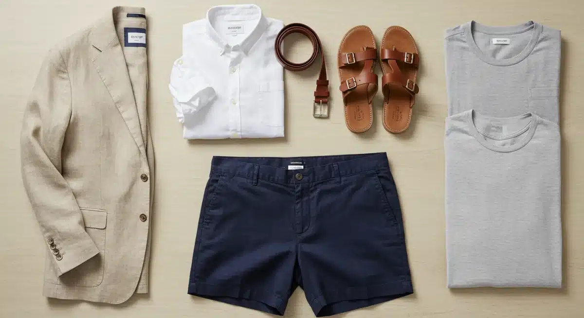 Conjunto de prendas de lino masculinas: blazer, camisa, shorts y camiseta, con accesorios.