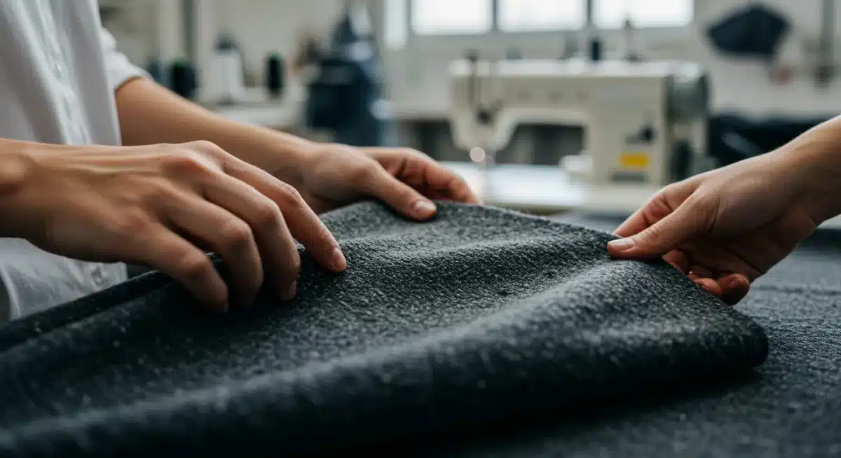 Manos de un trabajador textil inspeccionando tela reciclada en un taller español, destacando la calidad y producción ética.