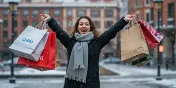 Persona feliz comprando en Rebajas de Invierno en España, con bolsas de tecnología y hogar.