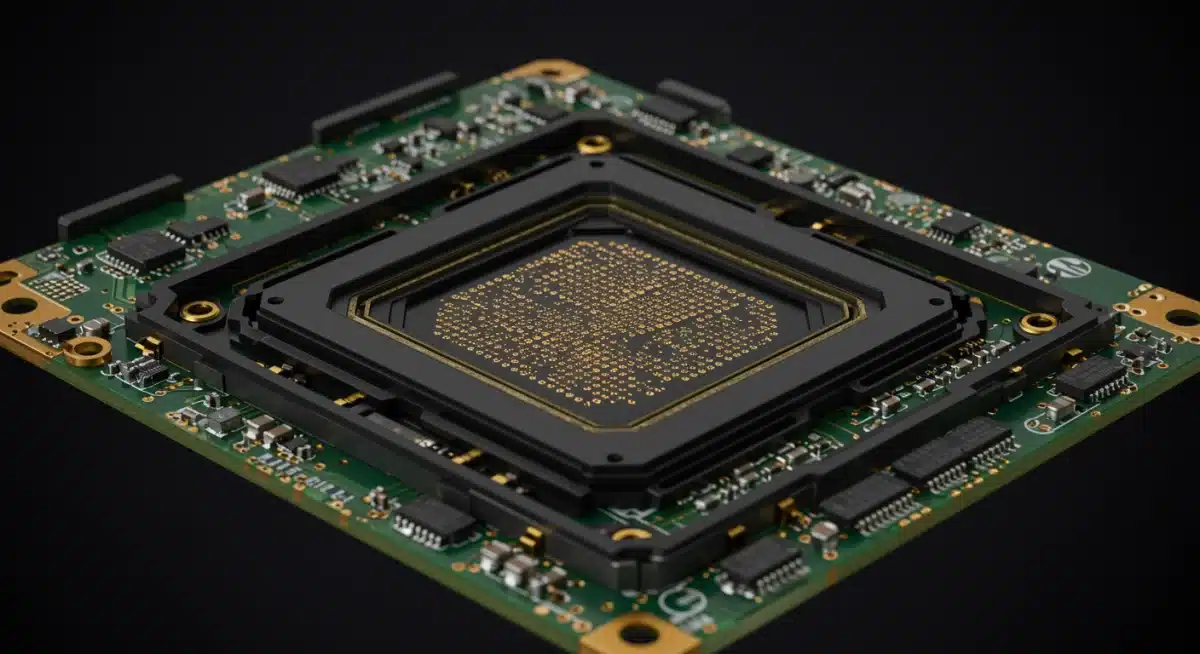 Detalle de un sensor de cámara avanzado, mostrando la complejidad tecnológica y el diseño de circuitos para la captura de imagen de alta calidad.