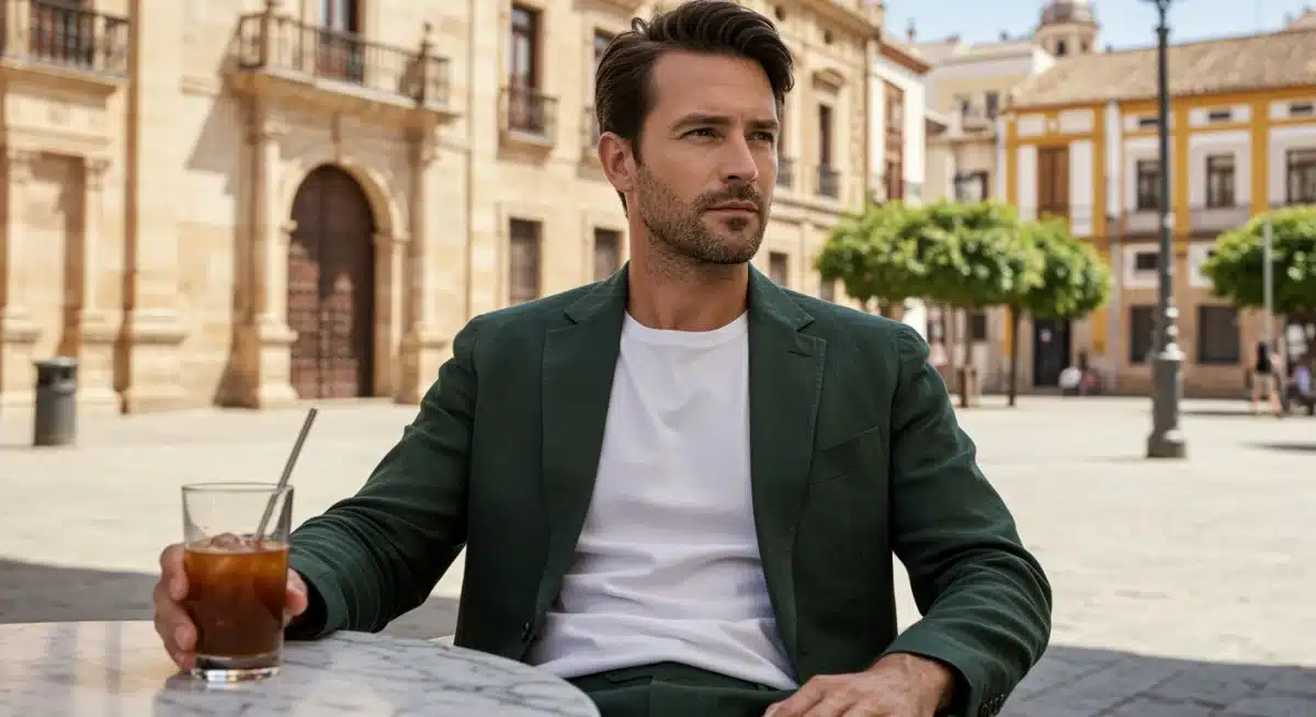 Hombre con traje de lino verde oscuro sentado en una terraza de café en Sevilla.