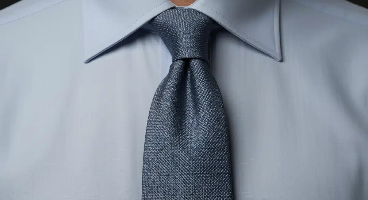 Primer plano de una corbata perfectamente anudada y un cuello de camisa bien elegido, mostrando texturas de tela y atención al detalle.