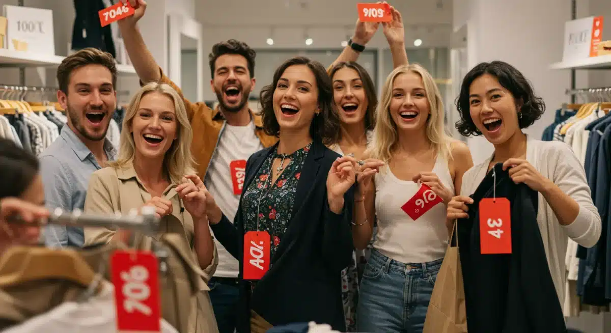 Personas probándose ropa con descuentos durante una oferta flash en tienda