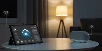 Interior moderno de un hogar inteligente con dispositivos domóticos integrados.