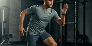 Hombre entrenando con ropa deportiva de alta calidad en un gimnasio moderno en España.