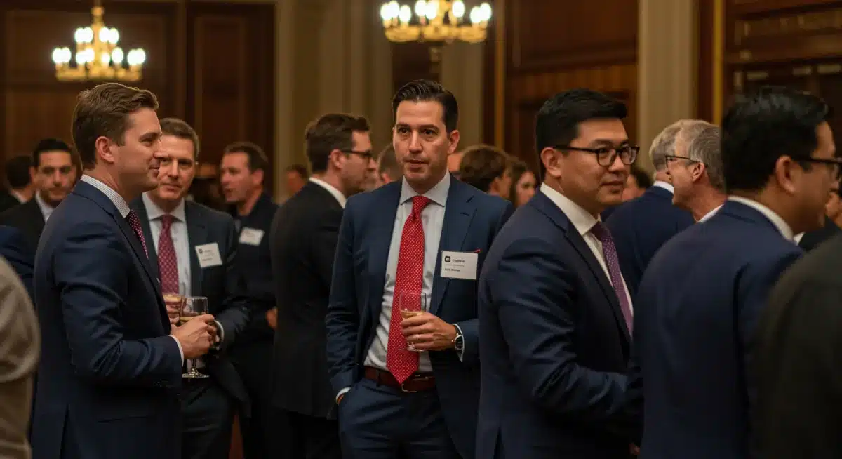 Grupo de hombres profesionales en un evento de networking, vistiendo trajes, camisas y corbatas elegantes, conversando con confianza.