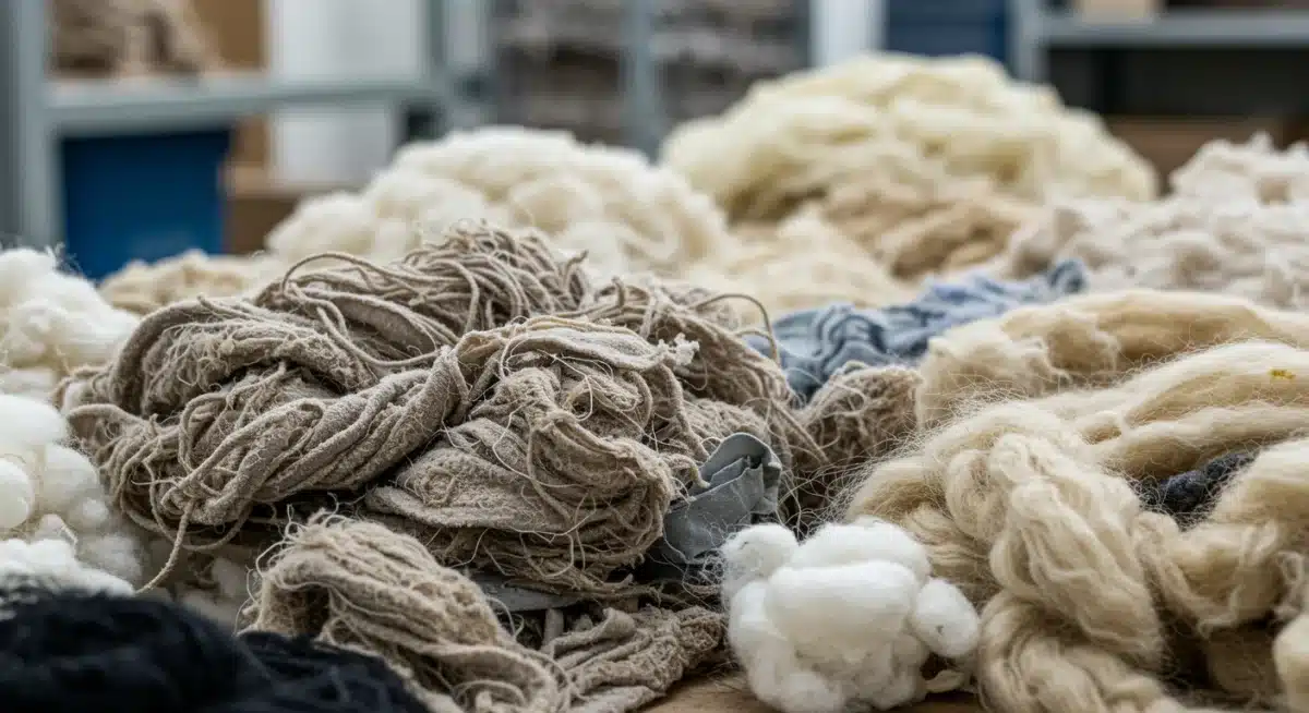 Primer plano de diferentes tipos de fibras textiles recicladas listas para la producción de prendas.