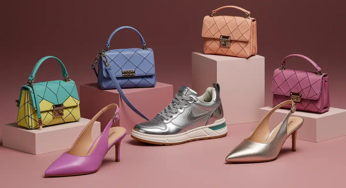Variedad de mini bolsos geométricos y zapatos futuristas, tendencias accesorios 2026