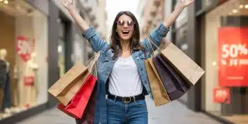 Mujer feliz con bolsas de compra aprovechando ofertas flash en moda española