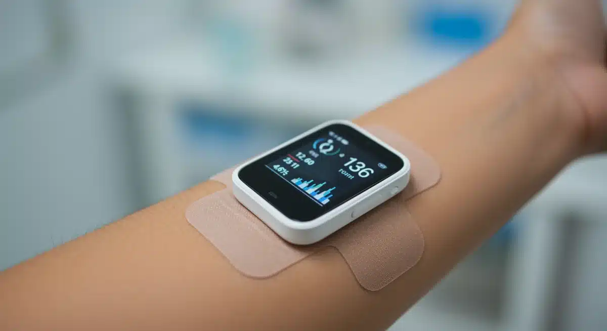 Parche inteligente monitoreando datos biométricos en tiempo real.