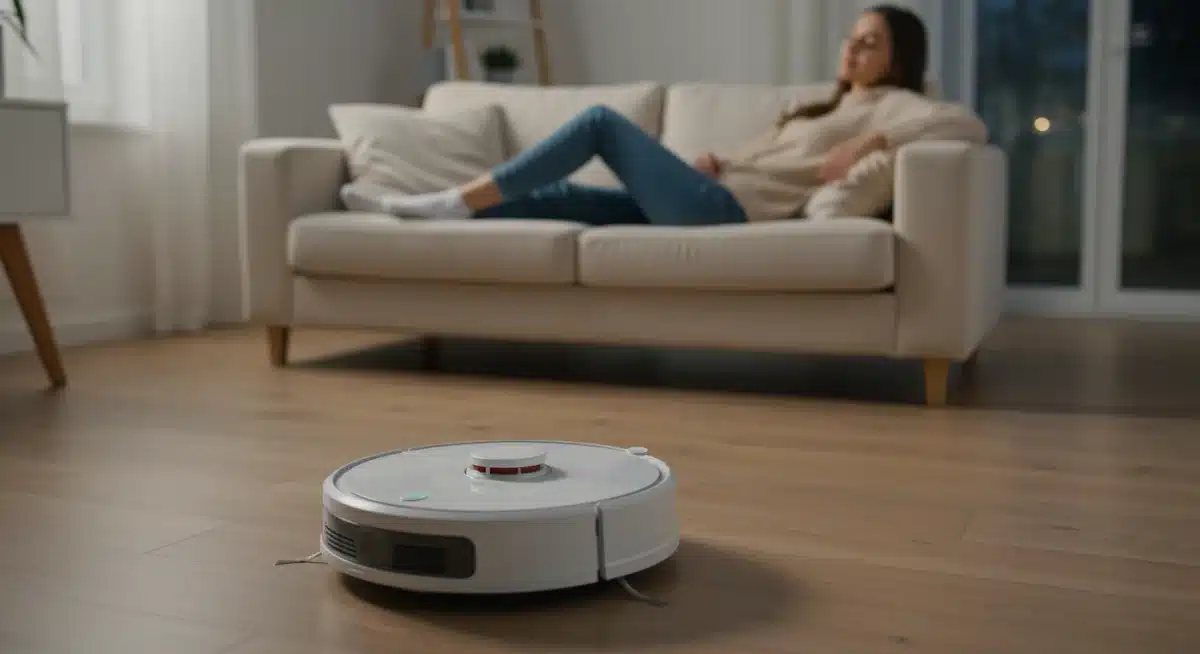 Robot aspirador limpiando automáticamente una sala de estar.