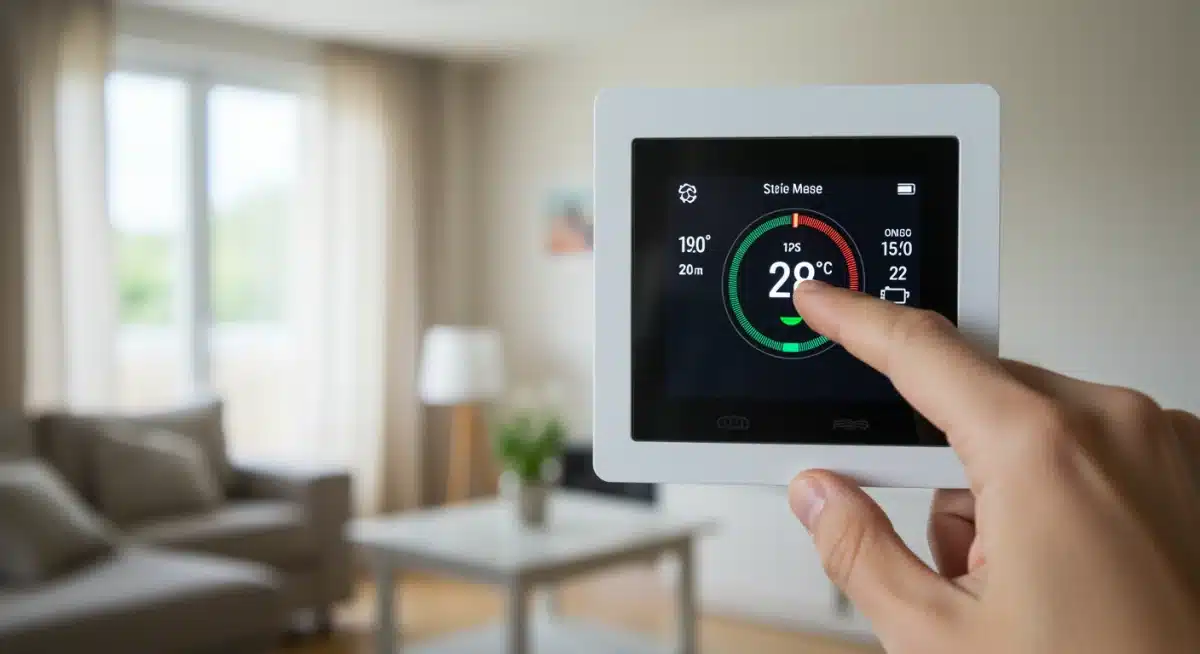 Termostato inteligente mostrando datos de temperatura y ahorro energético.