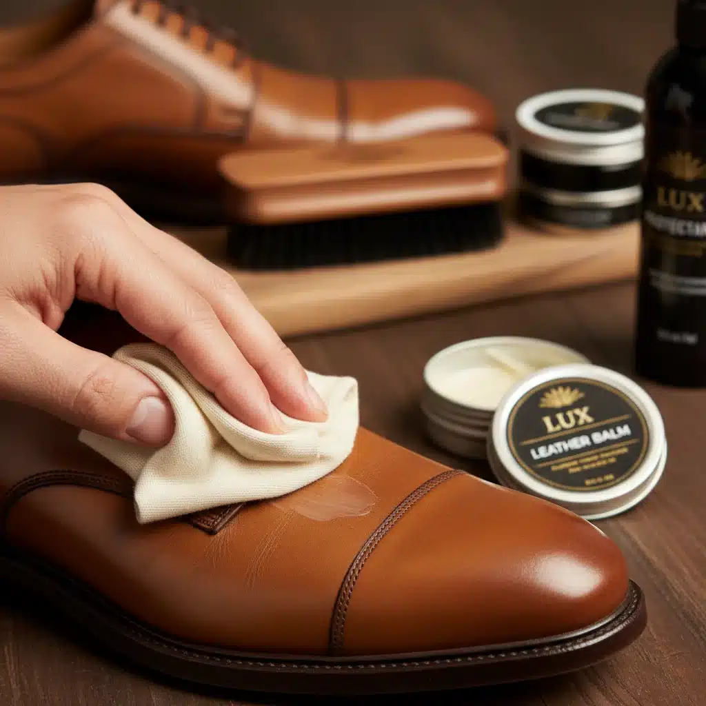 Mano aplicando acondicionador de cuero a un zapato marrón, demostrando el proceso de limpieza y nutrición.