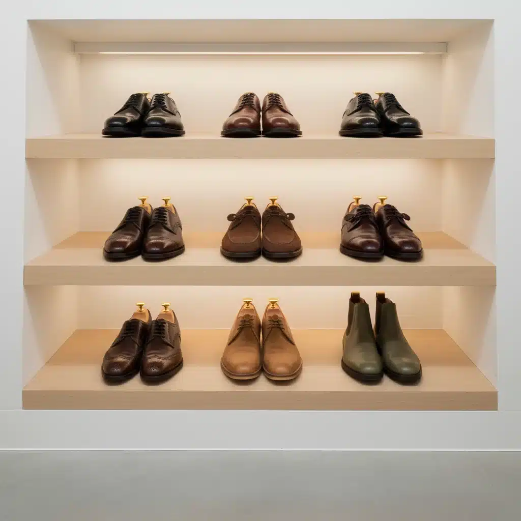 Armario organizado con varios pares de zapatos de cuero masculinos en hormas, ilustrando un almacenamiento adecuado y rotación.