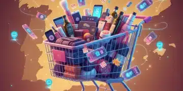 Carrito de compras digital lleno de productos con cupones de descuento y un 15% de descuento, con el mapa de España de fondo.