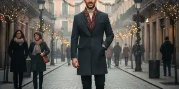 Hombre elegante con abrigo oscuro en una calle de ciudad española en invierno