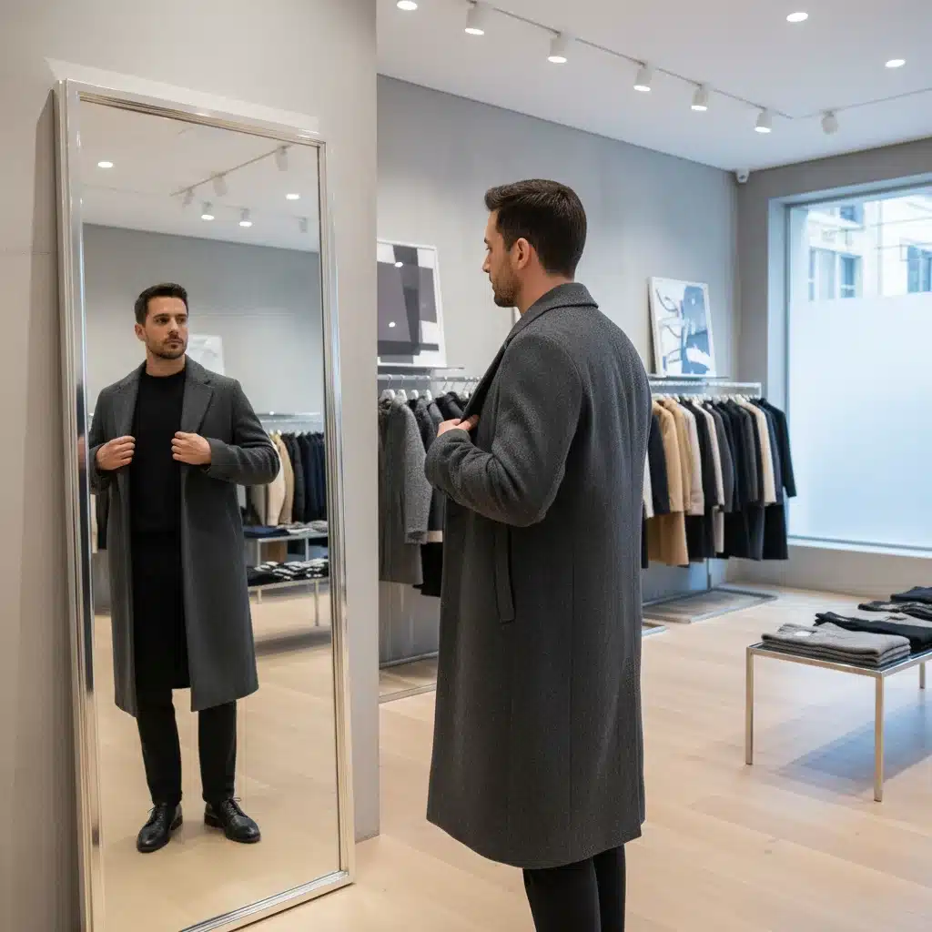 Hombre probándose un abrigo largo en una tienda de moda