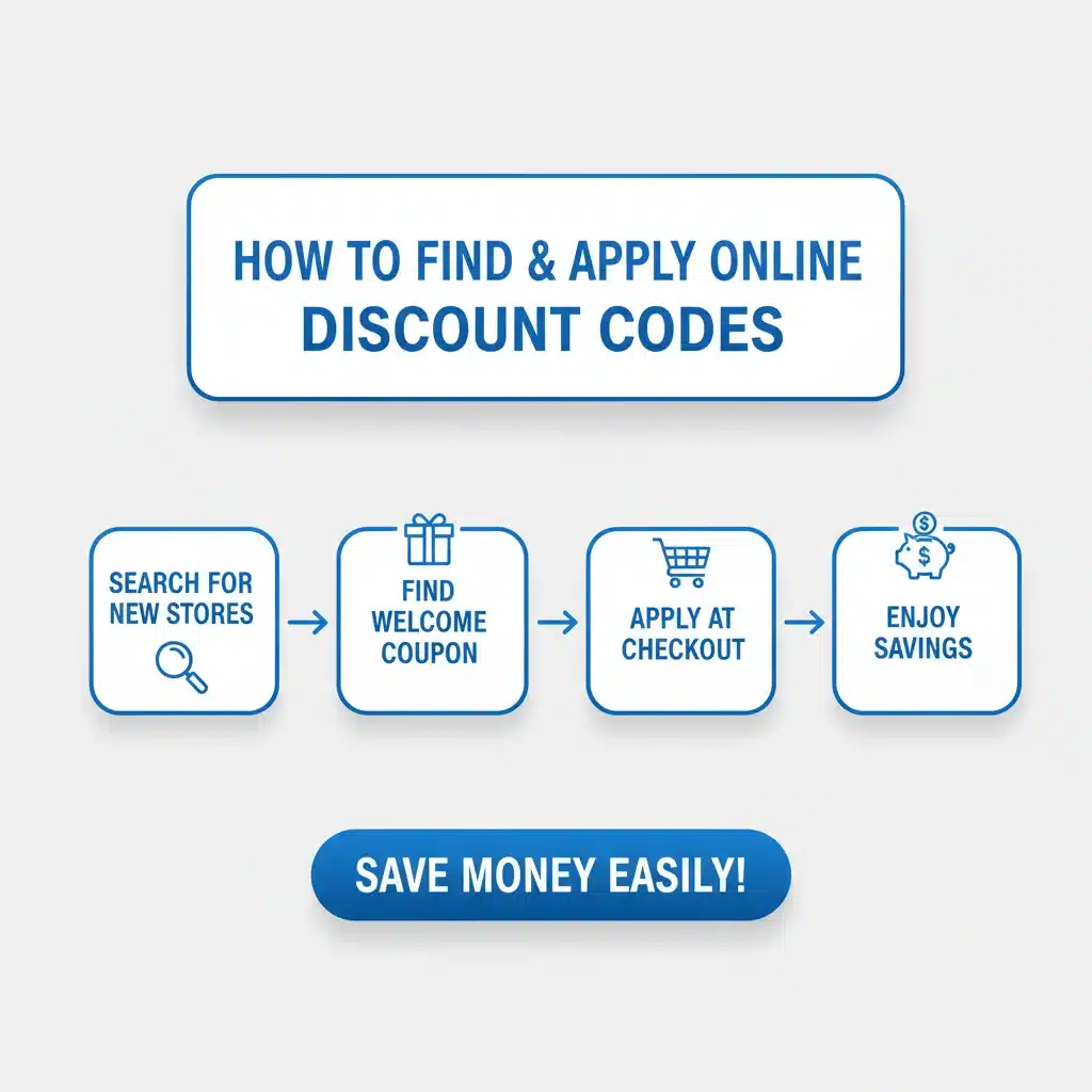 Infografía explicando los pasos para encontrar y aplicar cupones de descuento online.