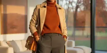 Mujer elegante con abrigo de otoño, sonriendo en un ambiente acogedor. Armario cápsula.