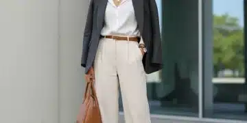Mujer elegante con atuendo atemporal, reflejando moda duradera y estilo sofisticado.