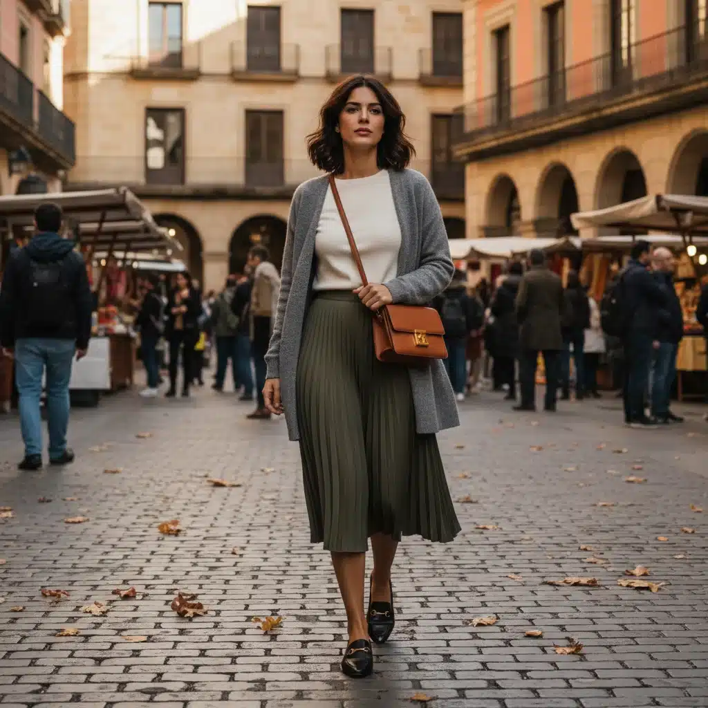 Mujer paseando por ciudad española en otoño con falda midi y cárdigan elegante.