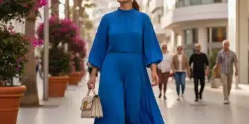 Mujer elegante con vestido vibrante en primavera española