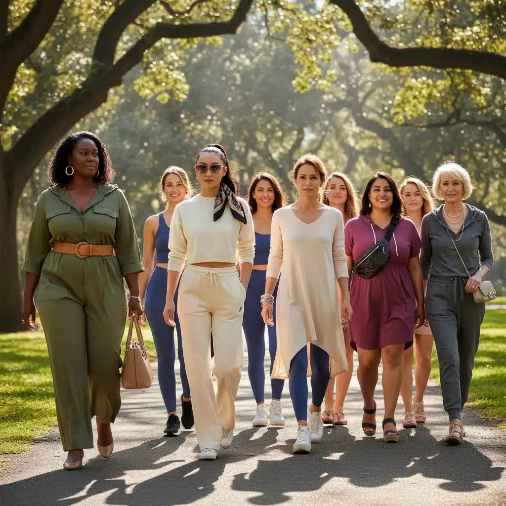 Grupo de mujeres con estilo athleisure elegante en parque