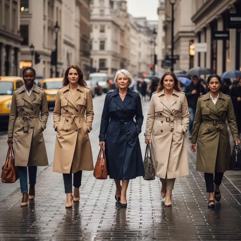 Grupo de mujeres diversas luciendo gabardinas clásicas en un entorno urbano, representando versatilidad.