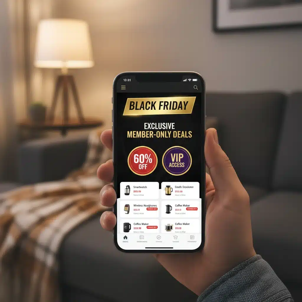 Móvil mostrando ofertas exclusivas y descuentos VIP del Black Friday