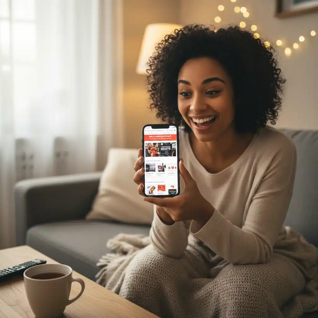 Persona sonriendo mientras ve un descuento de bienvenida en una tienda online en su smartphone.