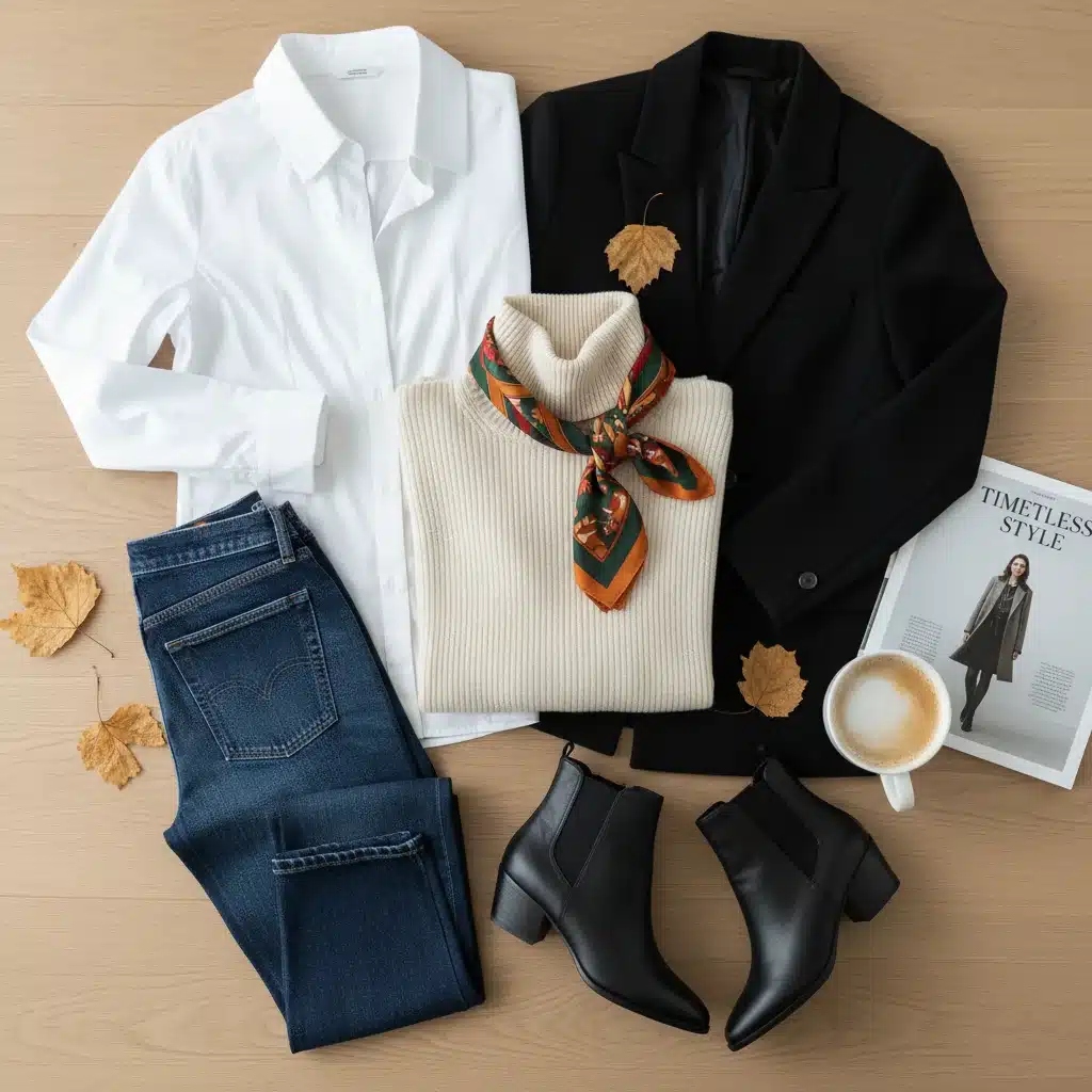Selección de prendas clave para un armario cápsula de otoño: jersey, jeans, blazer.