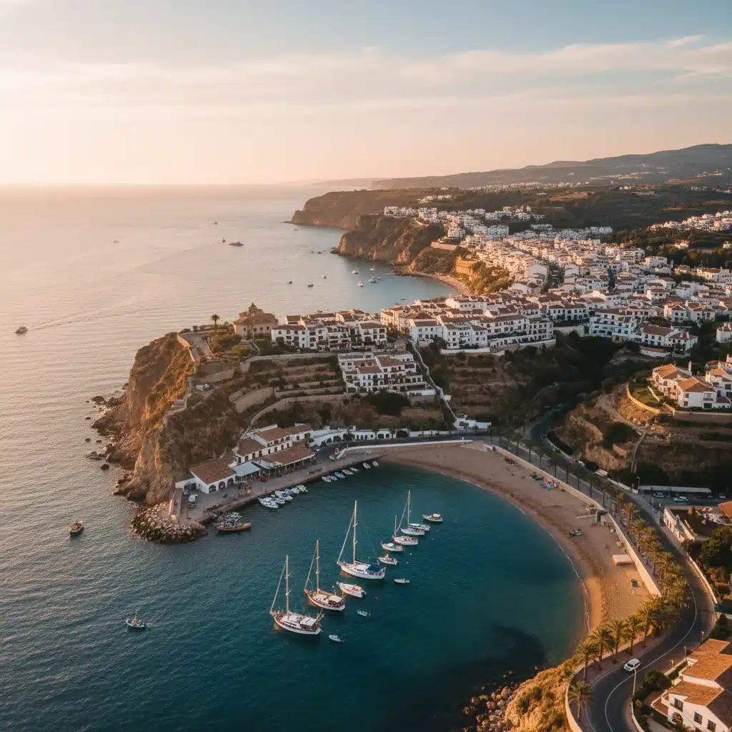 Vista aérea de un pueblo costero español al atardecer, con casas blancas y mar Mediterráneo.