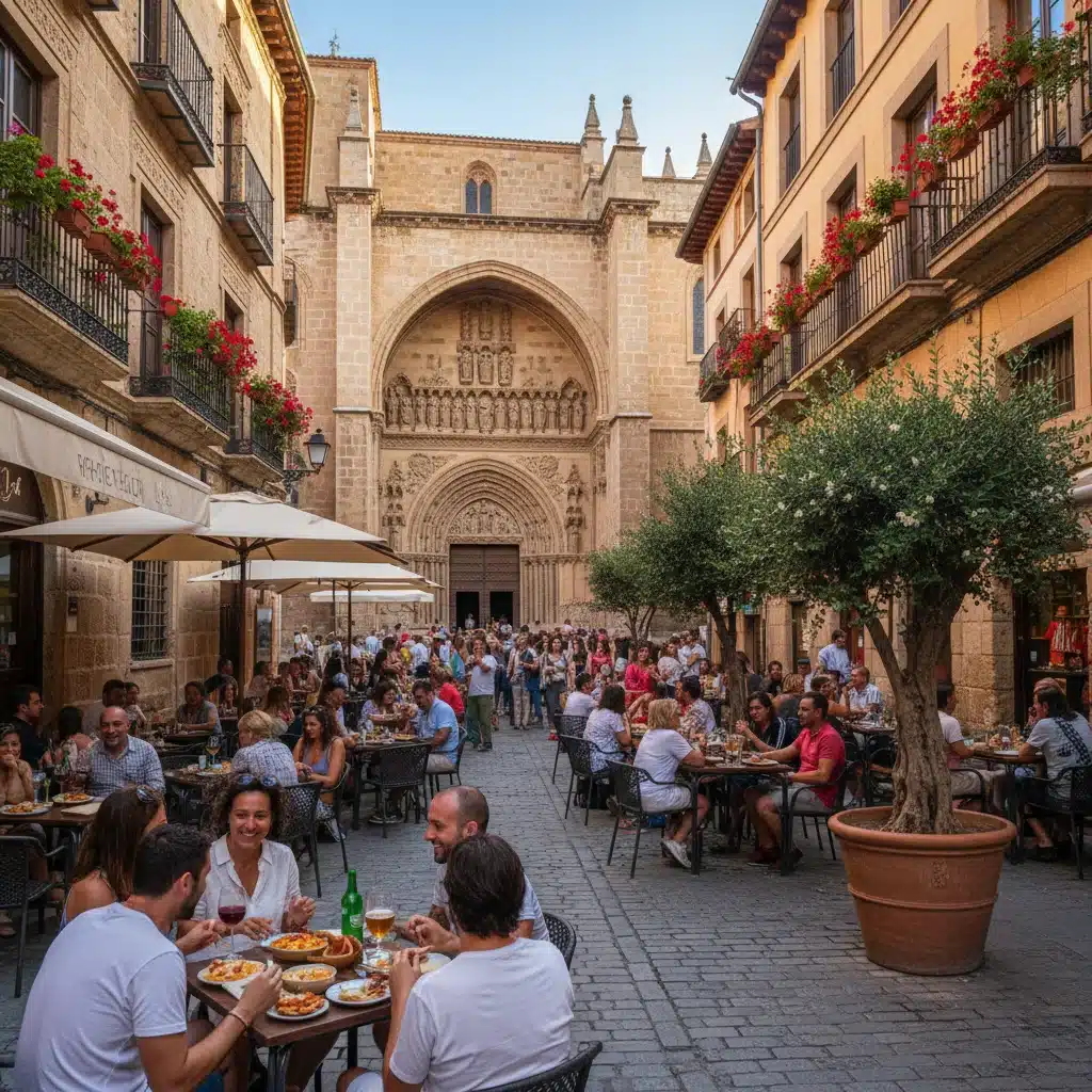 Gente disfrutando de tapas en una animada calle de una ciudad histórica española.