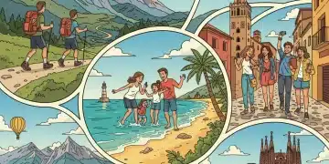 Grupo de personas disfrutando de diversas actividades y paisajes en España, simbolizando viajes y escapadas.