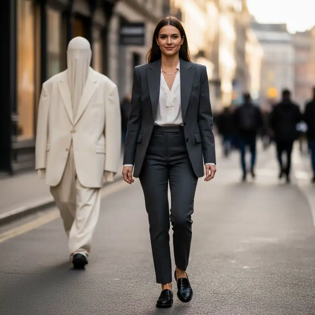 Mujer luciendo blazer clásico y entallado, ejemplificando el estilo moderno y sofisticado.