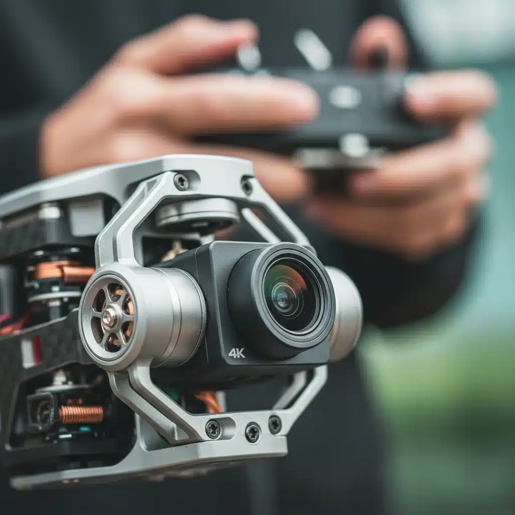 Detalle de la cámara 4K y gimbal de un dron
