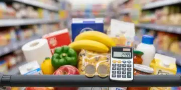 Cesta de la compra con calculadora y monedas, simbolizando el ahorro por IVA reducido en 2026.