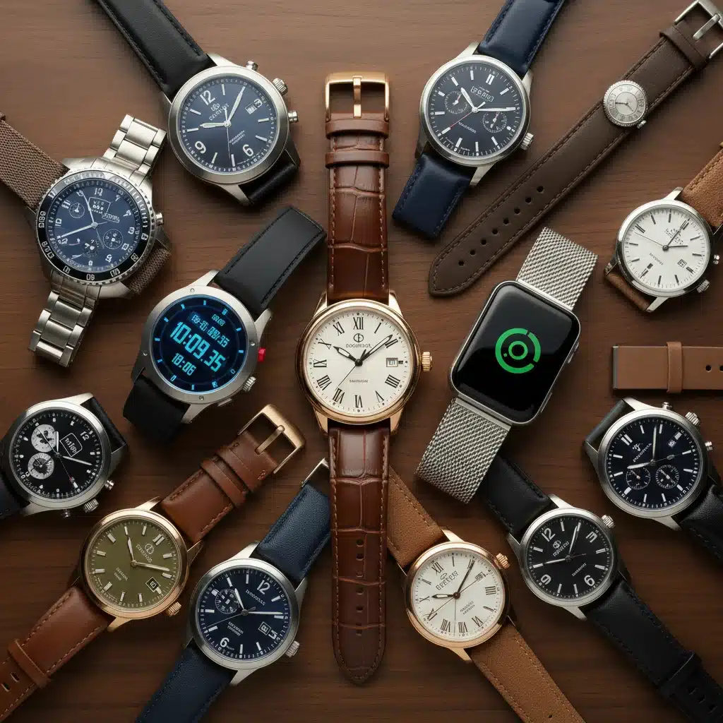 Variedad de relojes de pulsera masculinos: analógicos, digitales y smartwatches.
