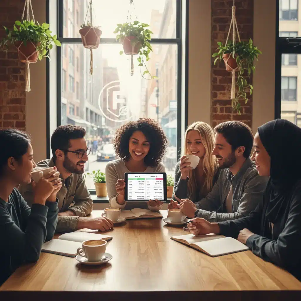 Grupo de jóvenes comparando ofertas bancarias en una tablet en una cafetería.