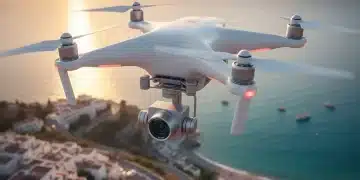 Dron 4K blanco con cámara sobre paisaje español al atardecer