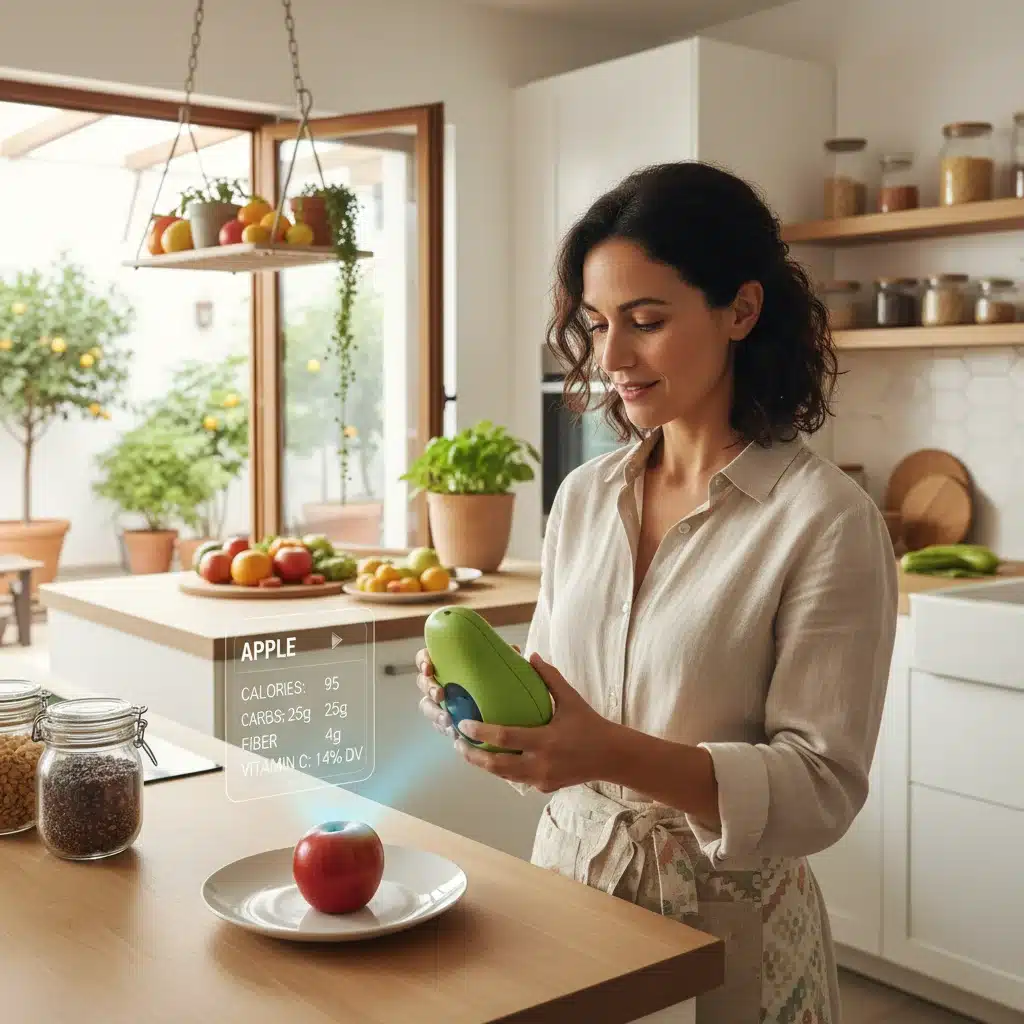 Escáner de nutrición inteligente analizando una fruta en una cocina moderna española.