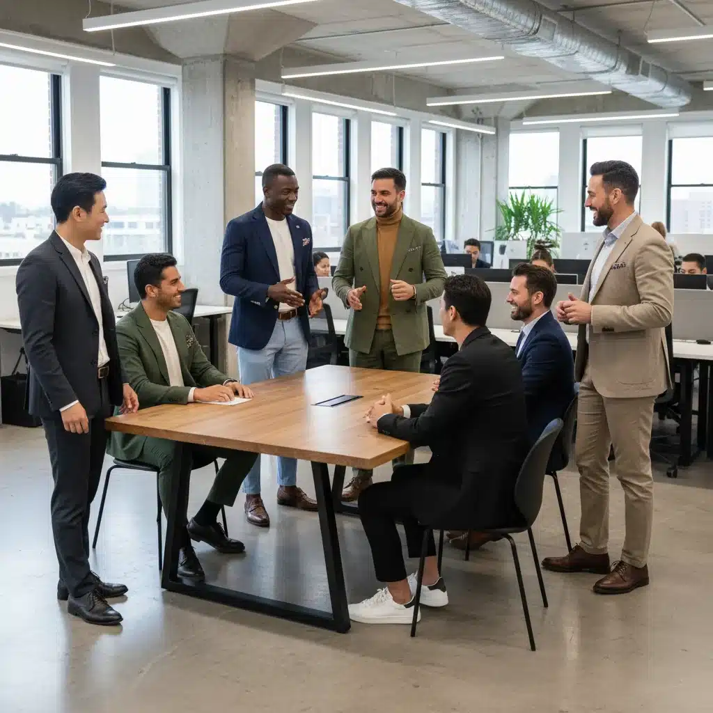 Hombres profesionales con estilos de traje diversos en oficina moderna
