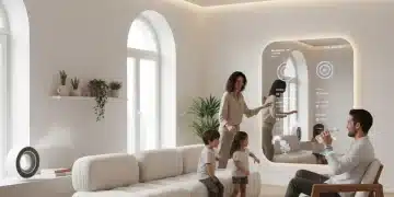 Familia española interactuando con gadgets de salud inteligente en un hogar moderno y conectado.